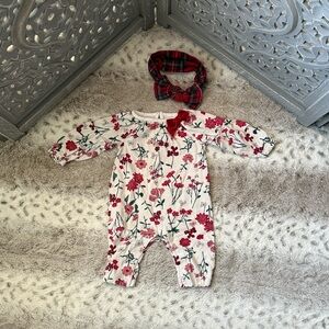 Carter’s floral bodysuit plaid headband baby girls 3 months Christmas holiday